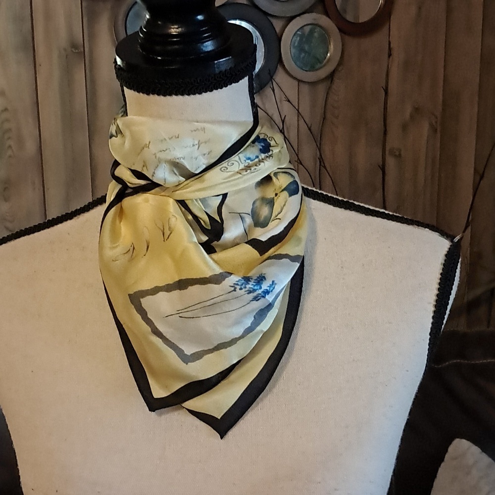Talbots 100% Silk Scarf with Pansie Blue Flower and Script Pattern Accent Floral
